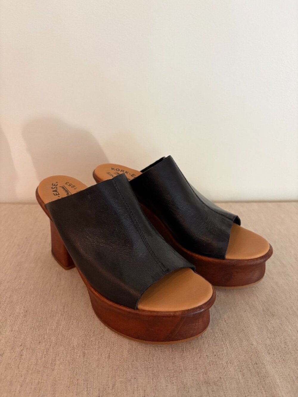Black Leather Wood-Platform Mule